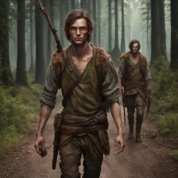 dnd, male forest hunters wearing eye, glasses, thin body ,starving, dirty, standard face, travelling the road background, brown hair