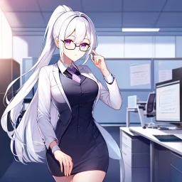 girl, masterpiece, best quality, volumetric lighting, detailed outfit, perfect eyes, white hair, purple eyes, long hair, ponytail, office, glasses,