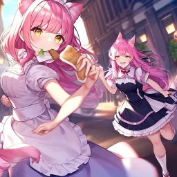 Clear focus,High resolution,High quality, Smiling, Pink long fluffy hair, Pink cat ears, Yellow eyes, Wearing a pink maid outfit, running with toast in her mouth