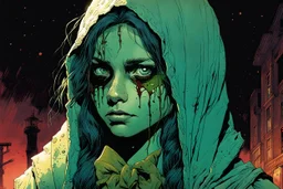 create a hardened, undead teenage Girl Scout, finely defined but decayed facial features, selling cookies in a suburban neighborhood, in the comic book art style of Mike Mignola, Bill Sienkiewicz and Jean Giraud Moebius, , highly detailed, grainy, gritty textures, , dramatic natural lighting