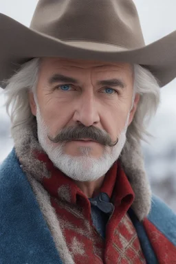 cowboy hat, thinning white hair, mustache, Blue eyes, close-up facial portrait - a Bright, well-lit UHD, 1080p 32k, photograph - winter time, hunting season, part Jesus Christ, part Elvis Presley with a mustache and short crew-cut hair, part Lee Majors, Part red and black checkered wool coat, blue jeans, cowboy boots, plaid shirt, sunbursts, crosses, 3D lighting, diamonds, hearts, Butterflies, Clovers, Roses, extremely colorful,