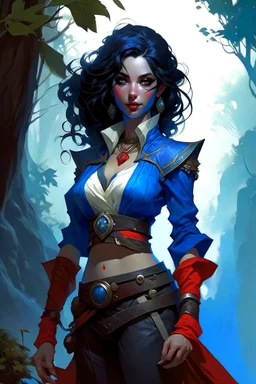 create an adult female air genasi from dungeons and dragons, black medium hair, light blue eyes, blue skin, wavy hair, wearing red leather clothing, full body, digital painting, high resolution, forest background, a bit zoomed out