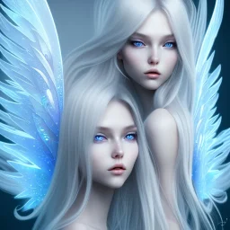  beautiful, soft, smiling face, blue and brilliant atmosphere, long straight blond hair, big fairies transparent wings in the back