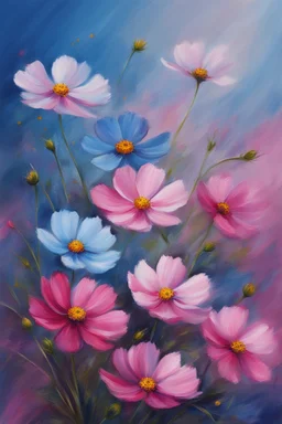 Cosmos flowers in blue and pink to be used on a business card as background, realistic beautiful, thick oil paint