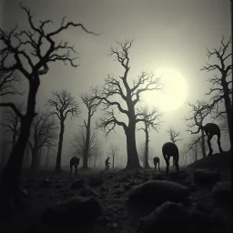 Close-up Ilford photograph of a creepy surreal landscape, monsters, eerie, Minicavio Quollati style, very surreal, trees, spooky, metaphysical objects, giant sun, intricate, thoughtful, appalling, deep 3d field, 8k, hypermaximalist