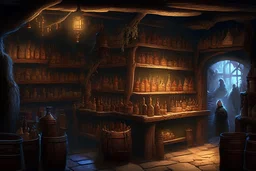 inside of a medieval shop, wooden walls, log pillars, stone bar with shop keeper behind it, magical ingredients on display and weapons on display. people, elves, goblins, orcs, dwarves and lizard folk in room. low lighting and creatures in containers. shelves half empty