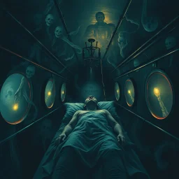 Man spends a sleepless night inside a dark submarine in a delusional state haunted by ghostly images, paint it in the baroque style, as if the man is horrified