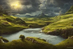 the shire, scenery landscape, lord of the rings, higly-detailed, epic landscape, river, highly detailed, perfect lighting, perfect composition, 4 k, artgerm, hudson river scool