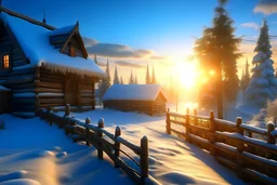 photorealism, blue sky, dawn, snowball, sun rays, beautiful sunny morning, very beautiful Russian village, beautiful wooden logs, various carved beautiful houses of different colors, fluffy trees, long snow-covered path, fluffy snow, yellow-blue shadows, professional photography, pastel colors, high resolution, high detail, ISO 100, realistic, beautiful, aesthetic, soft lighting, subdued lighting, bright lighting, Catherine Welzstai, Tim Burton