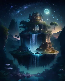 Mystical floating island with a lush garden, ancient ruins, and a cascading waterfall, under a starry twilight sky.