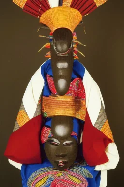 Portrait voluptuous African lady wearing a noh mask, full body shot, full-color medium shot, style of Japanese noh masks