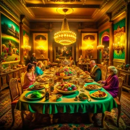 Photograph of odd people eating in a luxurious room, sharp focus, 8k, 3d, very detailed, volumetric light, fine art, very colorful, ornate, 35mm, F/2.8, insanely detailed and intricate, hypermaximalist, super detailed, decadent