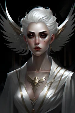 dnd character, queen portrait wearing white regal expression middle aged white dress fallen angel race with glowing facial markings, pale skin