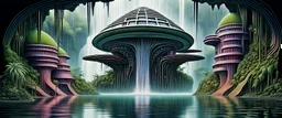 geometric alien space port building in water in front of jungle waterfall colorful dork neck bambooza schizoid dreams in the style of giger and escher