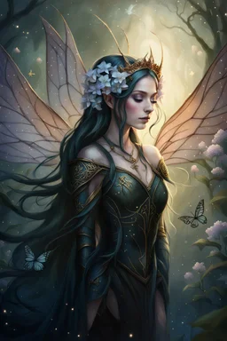 Peach hair ,Hydrangea,orchids,lilies of the valley,night,peachy hair,rapunzel hair,elven crown,dragonflies,pointed ears,elven ears,dark fairy princess,sparkle,,dark gold armour,fairy wings,,night stars