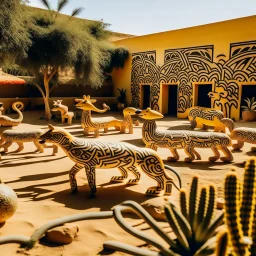 A tan semi-desert grounds with animals painted by Keith Haring