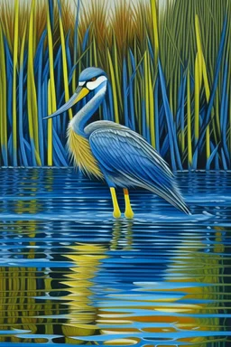 White faced heron standing in water, with reeds in the background. The image should be a ceramic broken tiles mosaic.