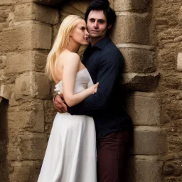 A photo realistic portrait of a stunning blonde girl and muscular dark haired man in a lovers embrace standing in front of a medieval castle