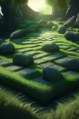 brilliant raytraced stone labyrinth with green grass, 4k, nvidia graphics, volumetric light, depth of field, autumn, trending art, fantasy art, knight