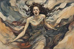 Painting of a wailing Banshee girl, in the Expressionist style of Egon Schiele, Oskar Kokoschka, and Franz Marc, in muted natural colors