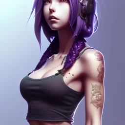 revy black lagoon, purple hair, black tank top, jean shorts, tribal sleeve left arm, portrait shinkai makoto, studio ghibli, studio key, madhouse anime studio, artgerm, lau rossdraws james jean marc simonetti pixiv