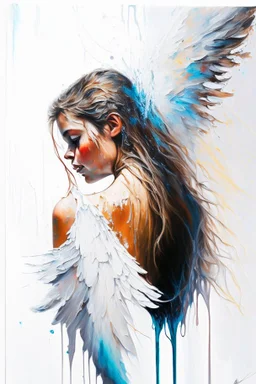 A detailed illustration of a beautiful young female human with growing out of her back. Her skin, hair and face are all made of paint. Her wings are spread. Highly detailed flawless facial features and eyes. Abstract Oil painting splash art. White background, wide angle, abstract design, beautiful, thick flowing paint strokes, dripping paint, fantasy art, modern art, ((soft happy complimentary colors,)) modern aesthetic, focused on the character, 4K resolution.