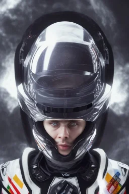 Black racing suit AnnaSophia Robb, portrait, bright white eyes, wearing high tech racing helmet, white smoke, dark, rage, sorrow, high definition, ultra 8 k, volumetric lighting, blue fire, fog