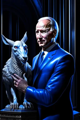 putin holding a biden goat in the style of giger, spraypaint, photorealism, trending on artstation, 8k, depth of field, downlight, lightrays, volumetric, white hall podium, brown and blue