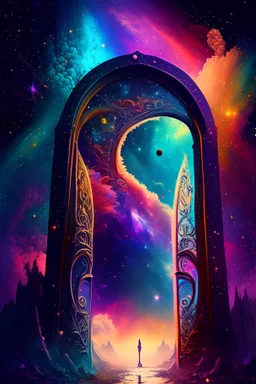 Fantasy gate opening to a colorful universe