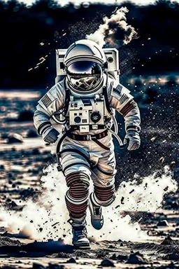 Front view of an astronaut running away franticly