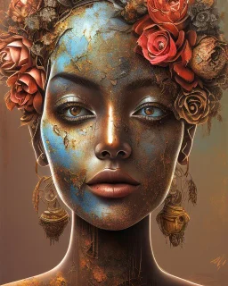 an abstract painting of rusted metal and flowers, african portrait, rust, scaffolding, iron cladding, decay, mixed media, textured, anatomically correct, beautiful perfect face, sharp focus, highly detailed