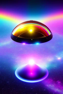 Beautiful ufo, galactic, rainbows, bright colours, blue, pink, gold, jewels, realistic, real photo, bright and sunny background, very detailed, high contrast,