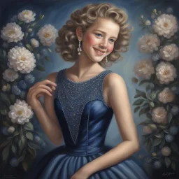 sweet, very fashionable girl, beautiful 20 years old, midnight blue beaded dress, pearl, flowers, light curls, curls, slicked back hair, sweet smile, olive bright eyes, perfect proportions, perfect face, perfect anatomy, perfect hands, sophisticated, backlight , atmospheric, oil painting, pastel pencil, volumetric hyperrealism, over-detailed, photorealistic, professional photography, high quality, clear focus playground