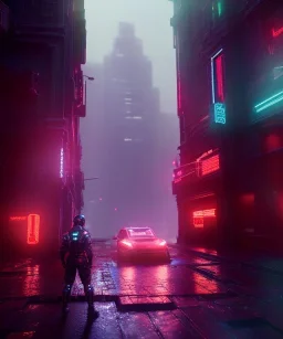 3D, beautiful, light reflecting, empty city at night, rainy night, neon, cyberpunk, person with helmet walking, dark