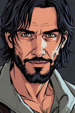 black short bearded smile man thin with long hair, brown eyes like a john wick, comic style