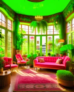 Architectural digest photo of a maximalist pink solar living room with lots of flowers and plants, golden light, hyperrealistic surrealism, award winning masterpiece with incredible details, epic stunning pink surrounding and round corners, big windows, art space , green house walls and celling