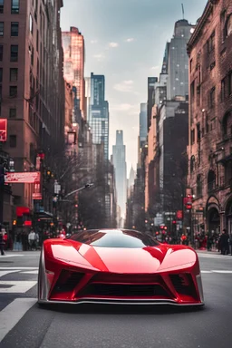 creates a concept supercar in '90s style with a retro-futuristic bodywork in red and silver on a street of New York, with a bright sky