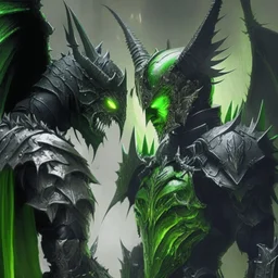 Demoniocon armadura verde con negro y alas verdes viendo a los ojos a un caballero de armadura negra que está frente a el