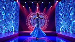 modern stage with blue theme artistic decoration , color full dynamic lighting, a beautiful lady in modern maxy dress with shining jwells dancing, 3D recursive fractal structure animating background