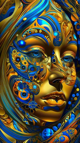 A digital artwork of women face open eye wide adorned with intricate patterns and designs. The figure's face is covered in swirling lines, circles, and other abstract patterns in hues of mocha, navy and gold.The background is a colorful glass , with abstract patterns that complement the figure's design. The overall ambiance of the image is dreamy and surreal.