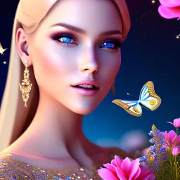 Princess, woman blondie, make up,smile, beautiful place,amazing, flowers, colors, blue and pink butterfly, , realistic, photo real, stars night, detailed, high contrast, 8k high definition, unreal engine 5, extremely sharp detail, light effect, light background