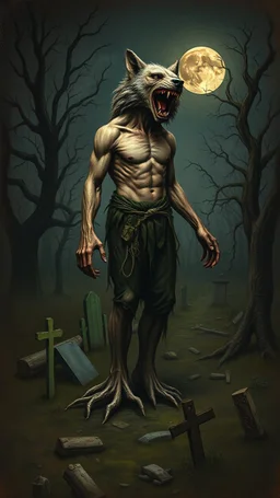Bosch painting style nightmare, a man with legs looks like tree roots , and head looks like wolf head , in a graveyard , dramatic sad scene, fantasy, a full moon in the background