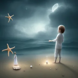 lonely ghost of a child wearing white clothes playing with a starfish, a pearl and close to a castle of sand at the eerie beach