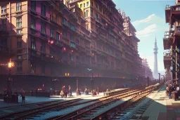 Elevated Train pass+trains+ corner building on sea+colorful genoa street+turin+Italian medieval town+Italian city+alphonse mucha, greg rutkowski,matte painting, cryengine, hyper detailed, felix kelly, fantasy art, seb mckinnon