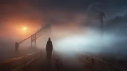 walking straight ahead over a wooden bridge, holding the angel of death with your right hand, entering the fog at the end of the road that leads to the afterlife, and a beautiful sunset and galaxy's behind the fog, realistic