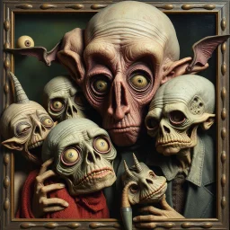 The oddest composition and mixture of beings, details very accentuated, Max Ernst style, oniric, freaks, George Grosz, distorted, blatant, gross, mundane, analogic photography