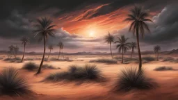 A view of a desertic landscape with dust palm trees, with dark grey sand, dark clouds and the reddish sky, hdr, hight contrast, shading, detailed shading, digital painting, detailed painting, dark art, deppresive atmosphere, detailed texture, detailed sand