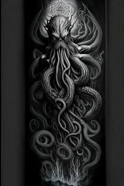 A captivating vertical tattoo artwork design featuring a highly realistic portrayal of Cthulhu. The design focuses on intricate black and grey shading, accentuating the depths of darkness and the ethereal nature of Cthulhu. The tentacled creature is depicted in a dynamic pose, emanating a sense of power and cosmic horror. The attention to detail in the artwork brings out the textures and subtle nuances, making the tattoo come alive on the skin. The realism of the design evokes both fascination a