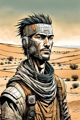 create a front facing, portrait illustration of an young, otherworldly lost cyborg nomadic wanderer with highly detailed, sharply lined and deeply weathered facial features in a dusty ruined desert oasis in the comic art style of Enki Bilal, precisely drawn, finely lined and inked in arid desert colors