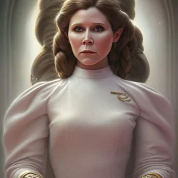 hyperspace background, complete and photo realistic detailed head to waist stunning photo realistic portrait of carrie fisher as Princess Leia in star wars with photo realistic updo hairstyle by Mandy Jurgens and mucha and Richard Schmid and chuck close and chie yoshii, extraordinary and detailed ceremony dress of star wars,brown eyes